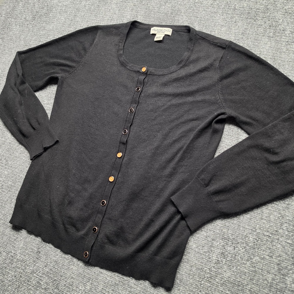 Melrose Chic Womens L Black Scoop Neck Cardigan Classic Soft Fine Knit Sweater